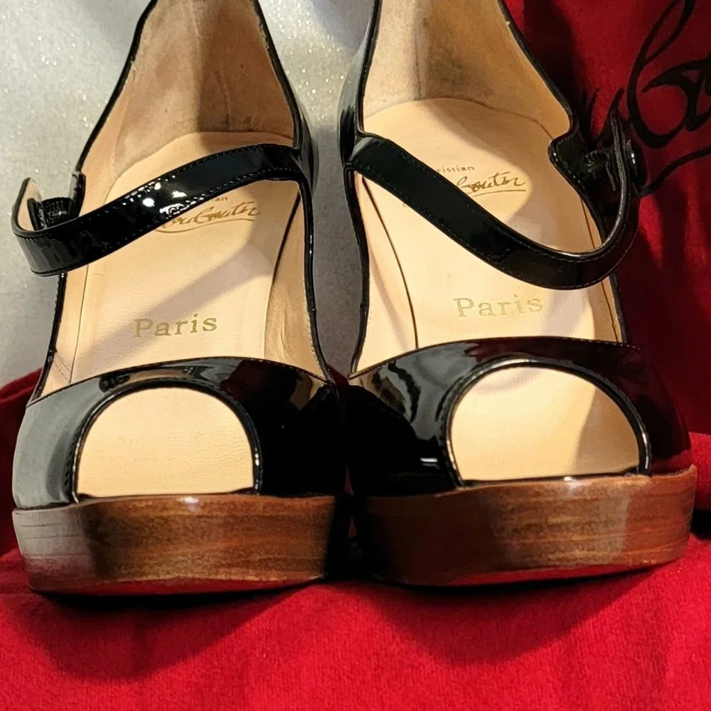 CHRISTIAN LOUBOUTIN Black Patent Leather Zeppa Mary Jane Peep Toe Pumps 39 - Picture 13 of 13